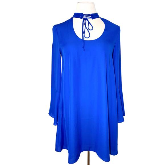 Amanda Uprichard Amherst Choker Tie Neck Bell Sleeve Mini Dress Royal Blue Small - Picture 2 of 13